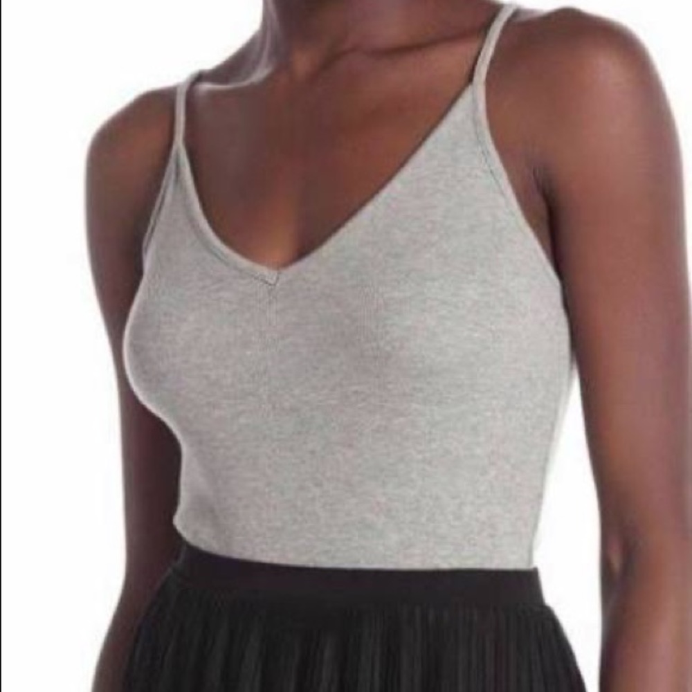 BP. V-Neck Ribbed Thong Bodysuit Gray